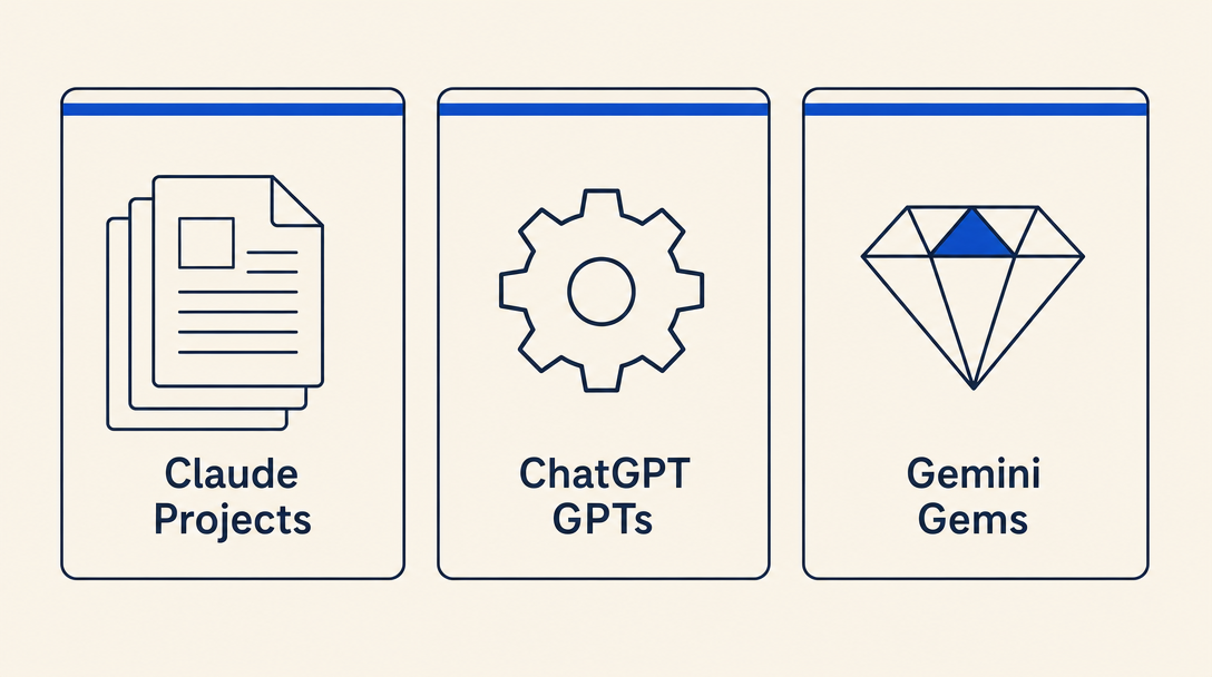 שלוש פלטפורמות: Claude Projects, ChatGPT GPTs, Gemini Gems
